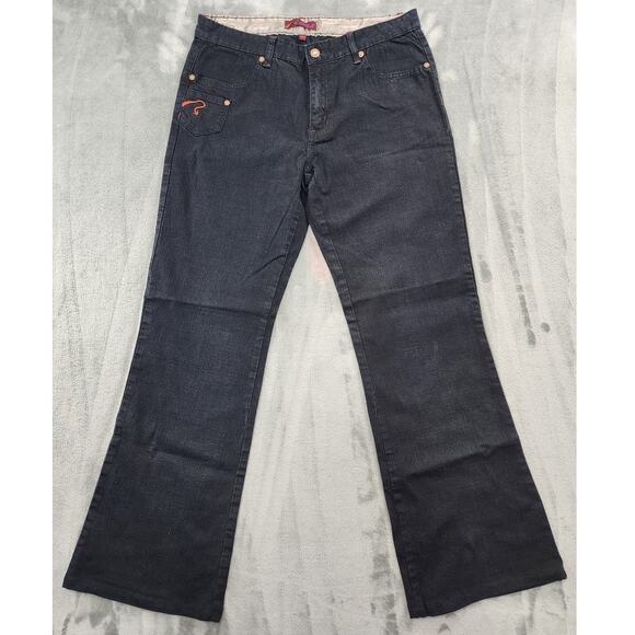 Vintage Fetish Jeans Women 13/14 Blue Dark Wash Low Rise Flare Leg Stretch Denim - Picture 1 of 14